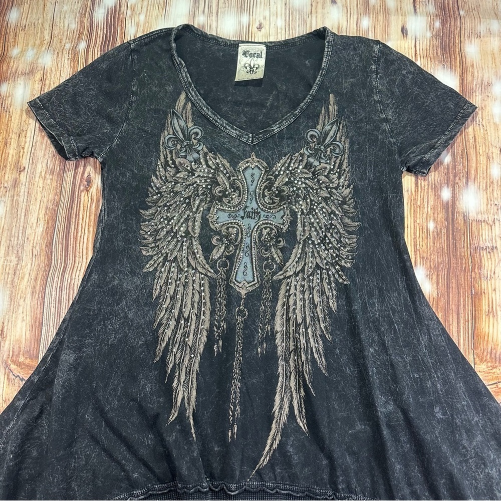Y2K Grunge Rhinestone Cross Wings Tunic Top Acid Wash Short Sleeve Size Medium - Picture 3 of 15